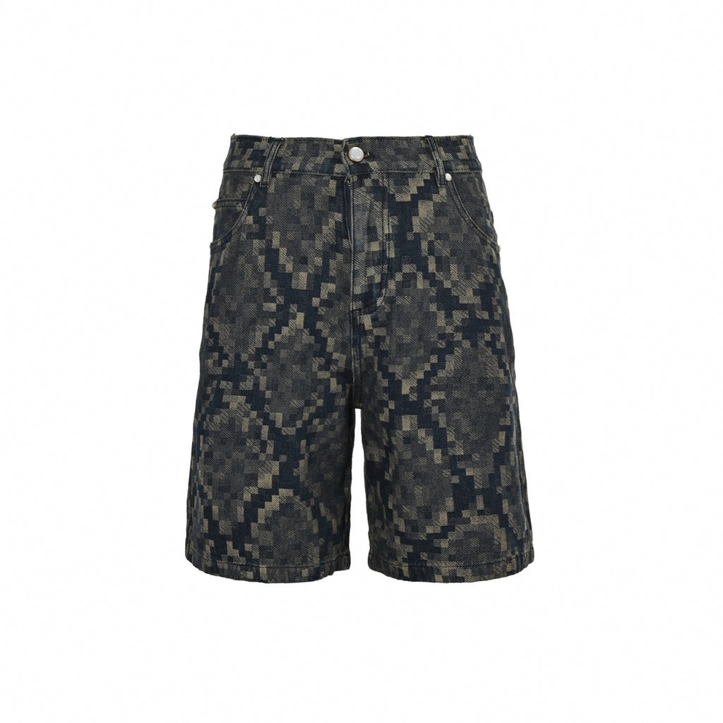 Pixelated Damier Denim Shorts | Indigo Blue
