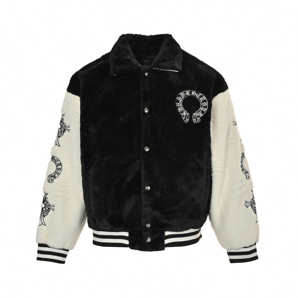 Faux Fur Horseshoe Logo Varsity Jacket