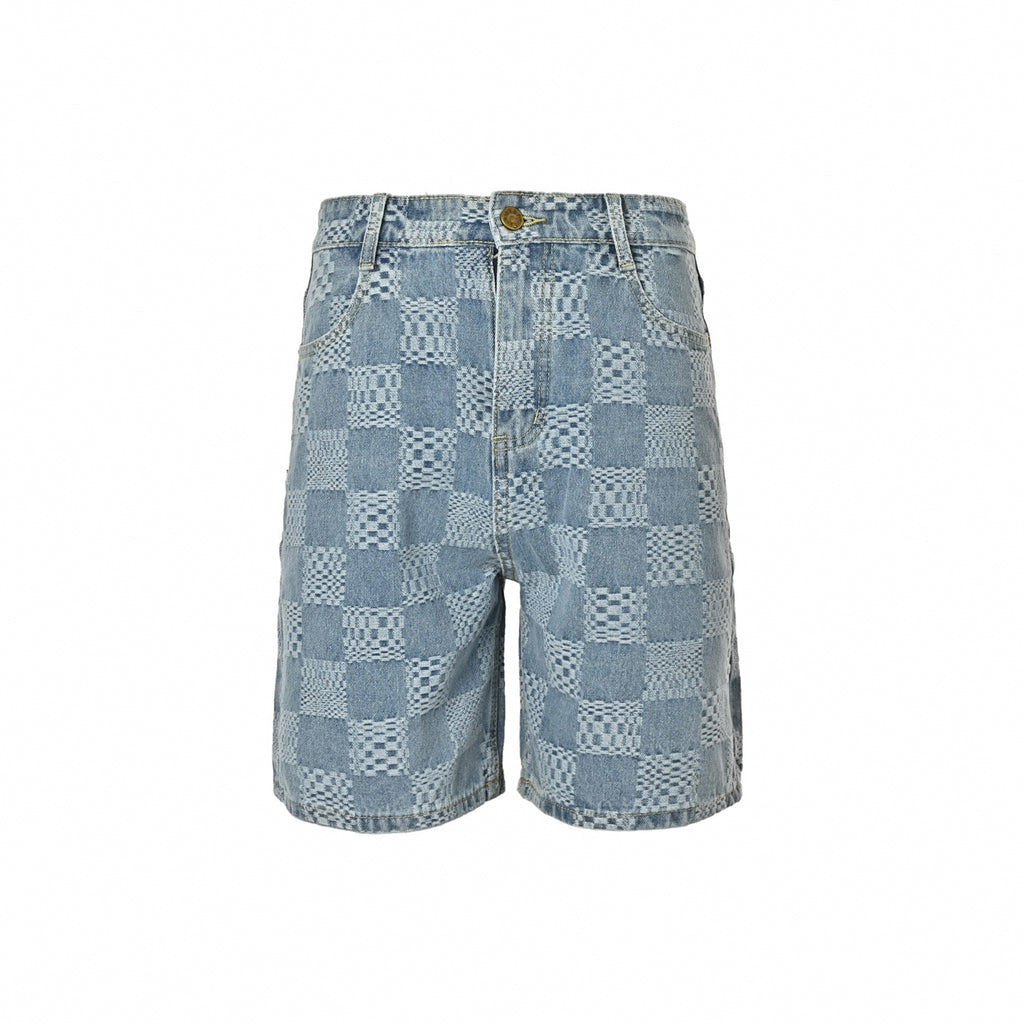 Textured Damier Denim Shorts | Light Blue
