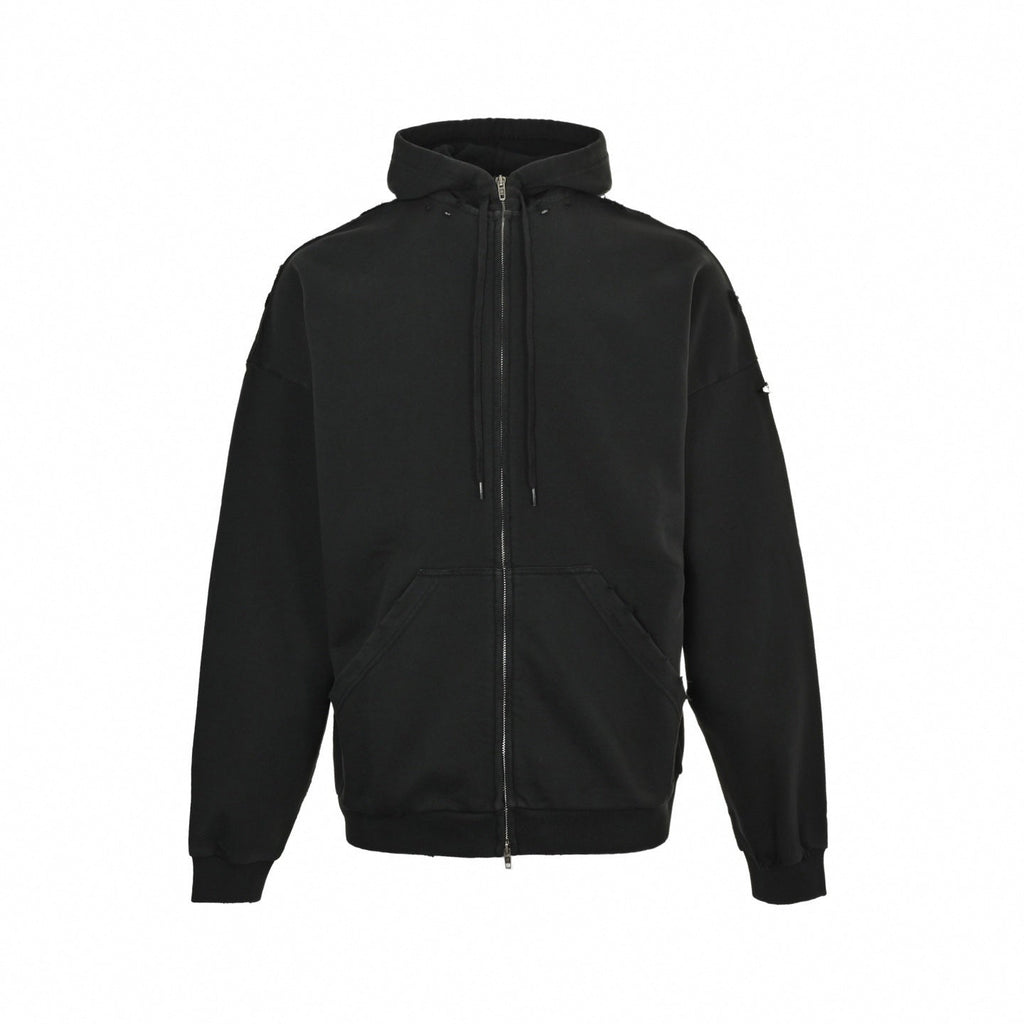Tape Logo Distressed Zip Hoodie