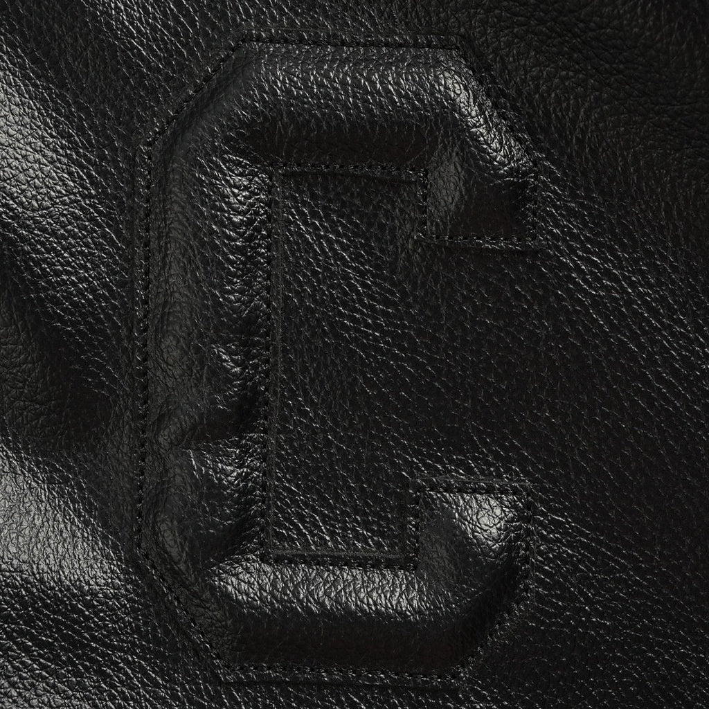 Tonal Leather Hooded Varsity Jacket | Black