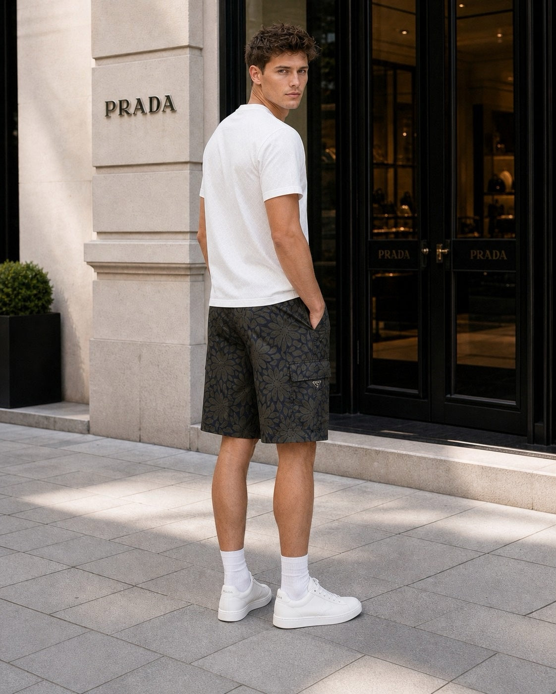 Floral Print Nylon Cargo Shorts