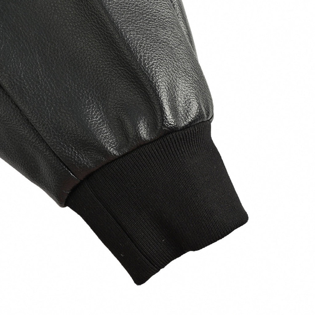 Tonal Leather Hooded Varsity Jacket | Black