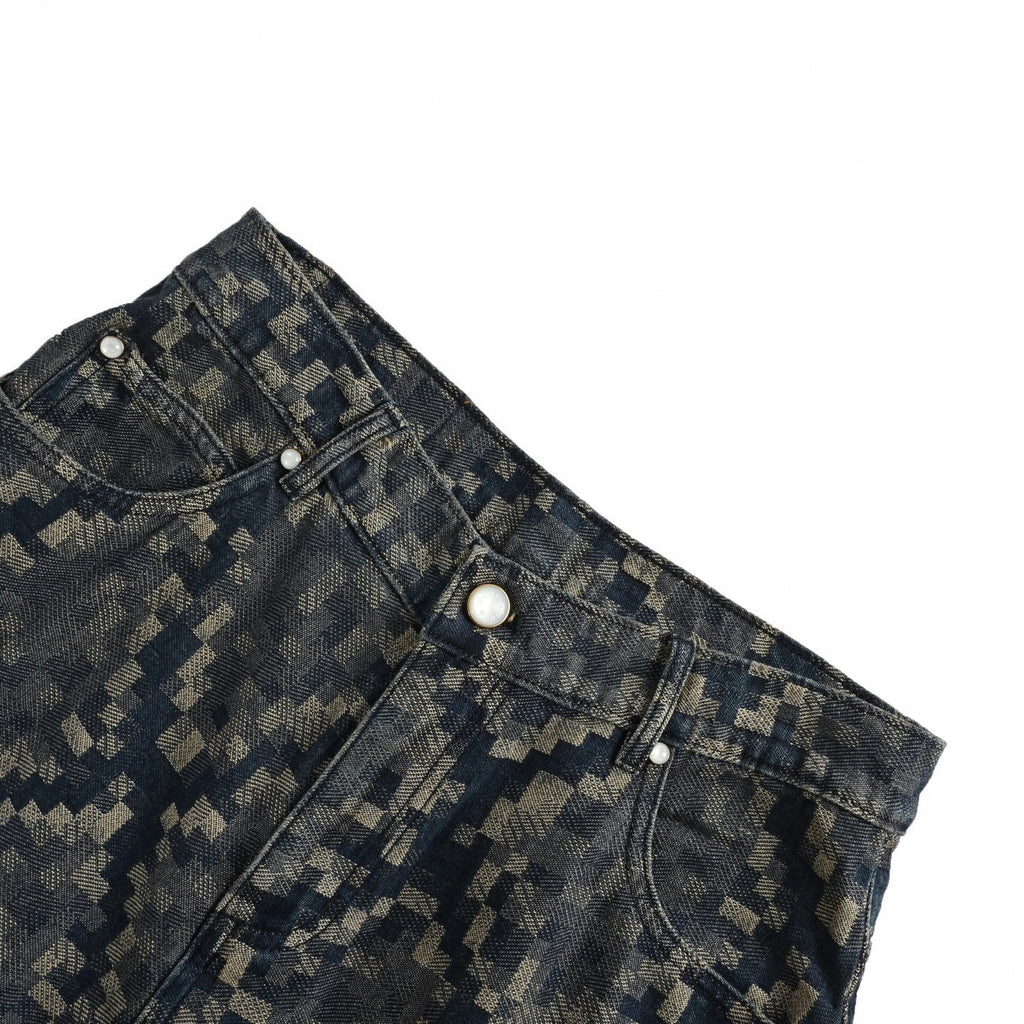 Pixelated Damier Denim Shorts | Indigo Blue