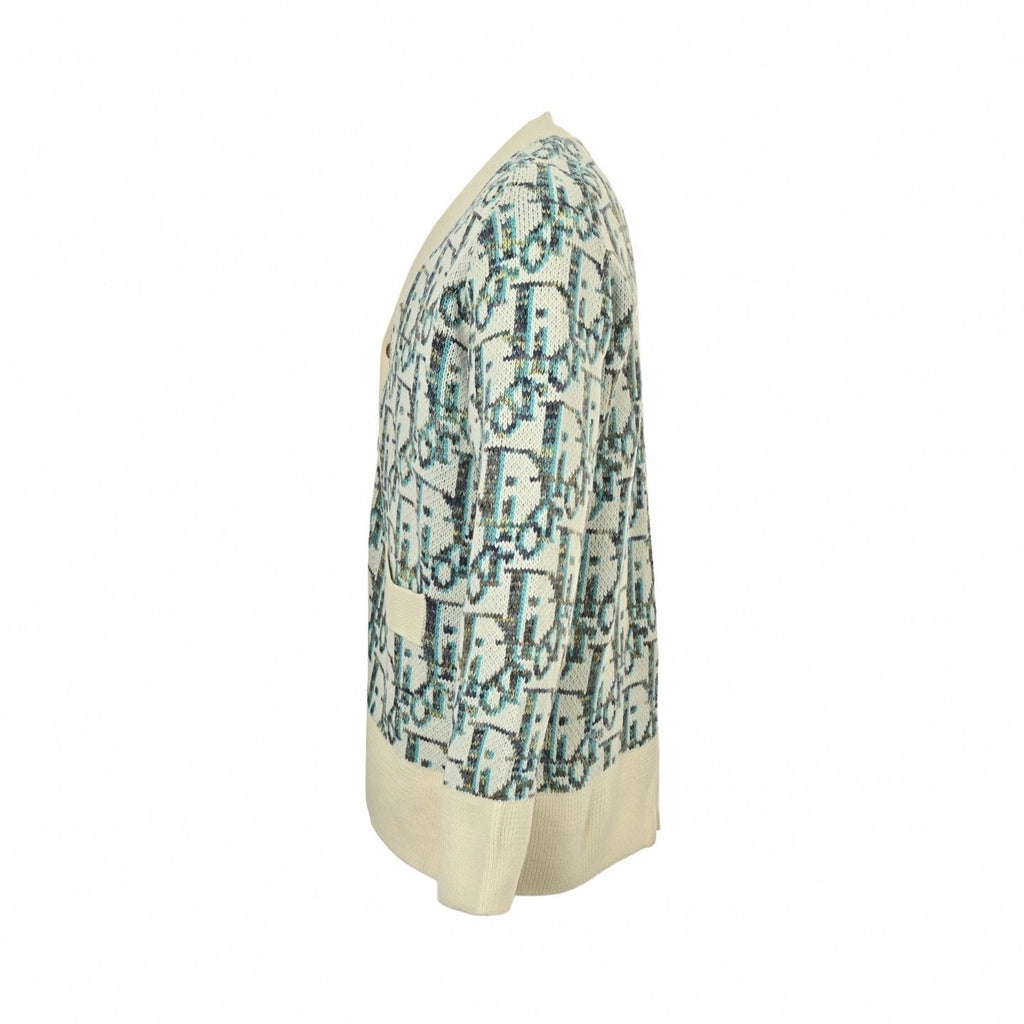 Oblique Cotton Jacquard Cardigan | White & Teal