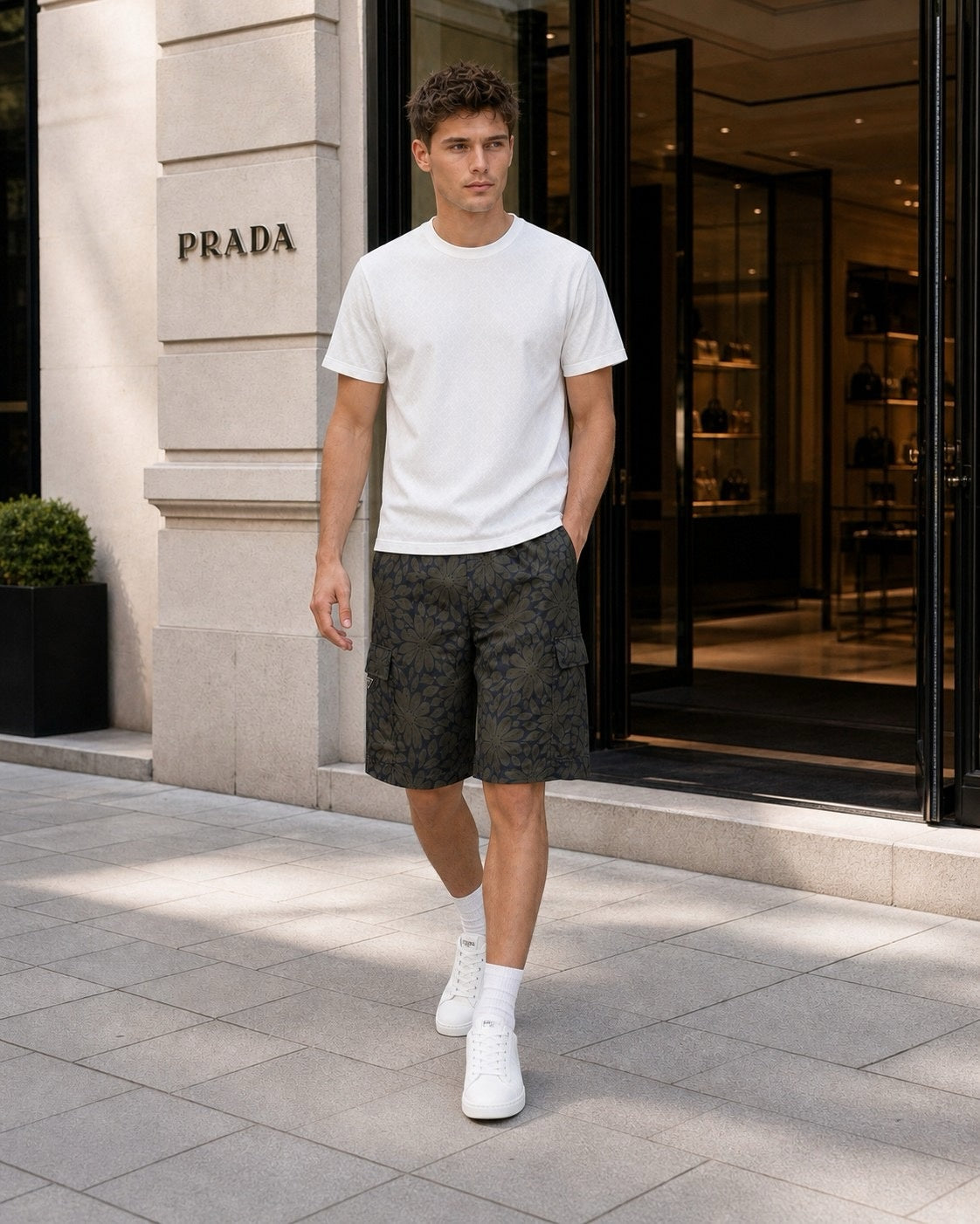 Floral Print Nylon Cargo Shorts