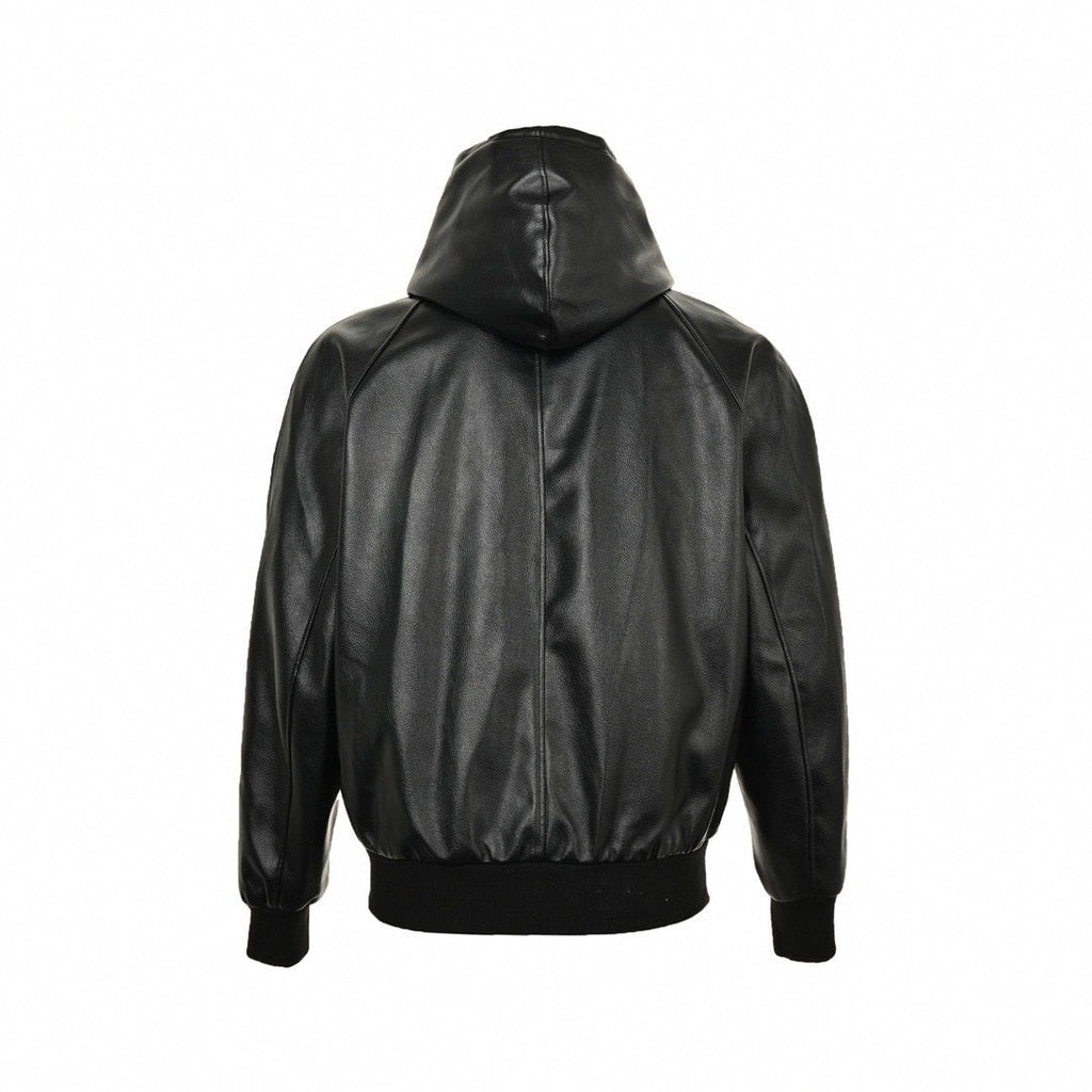 Tonal Leather Hooded Varsity Jacket | Black