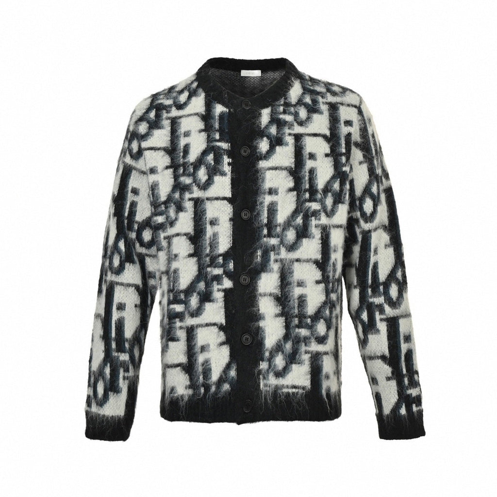 Oblique Brushed Wool Jacquard Cardigan | Black & White