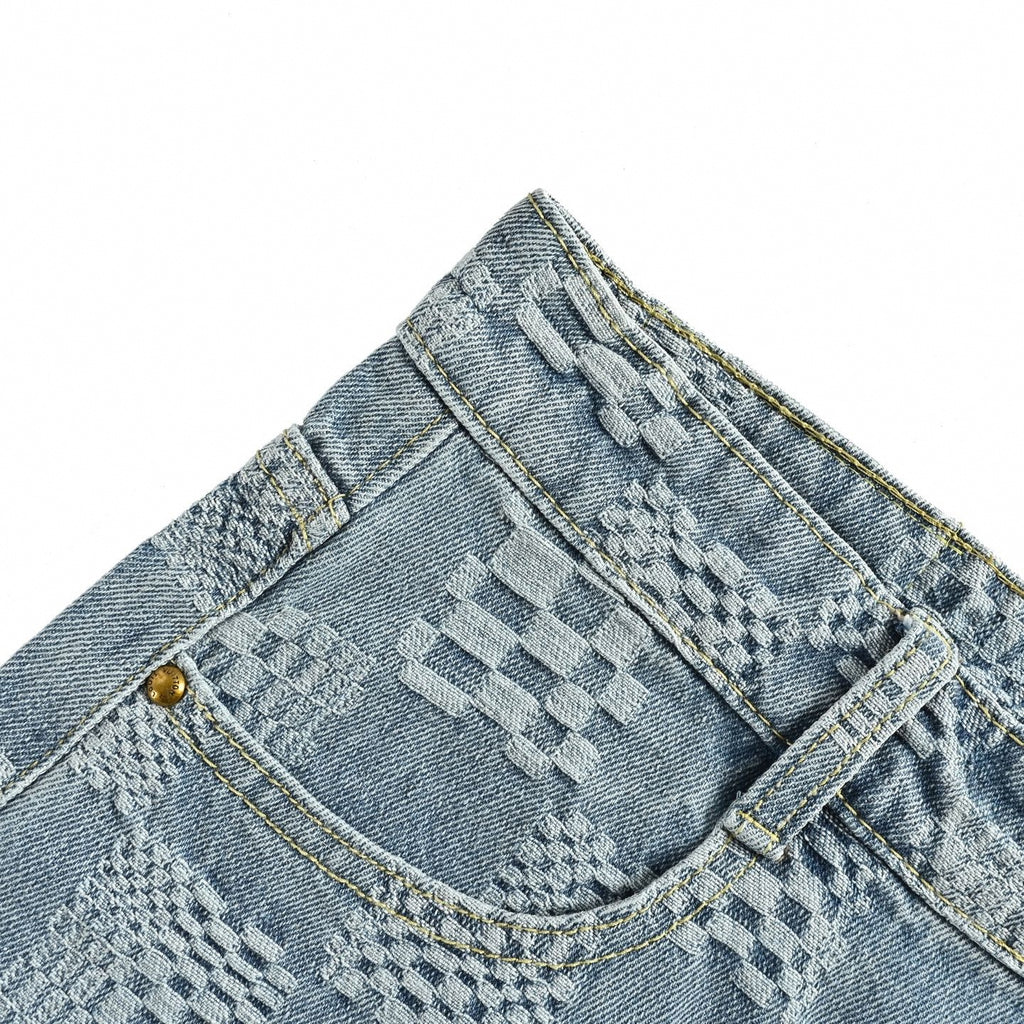 Textured Damier Denim Shorts | Light Blue