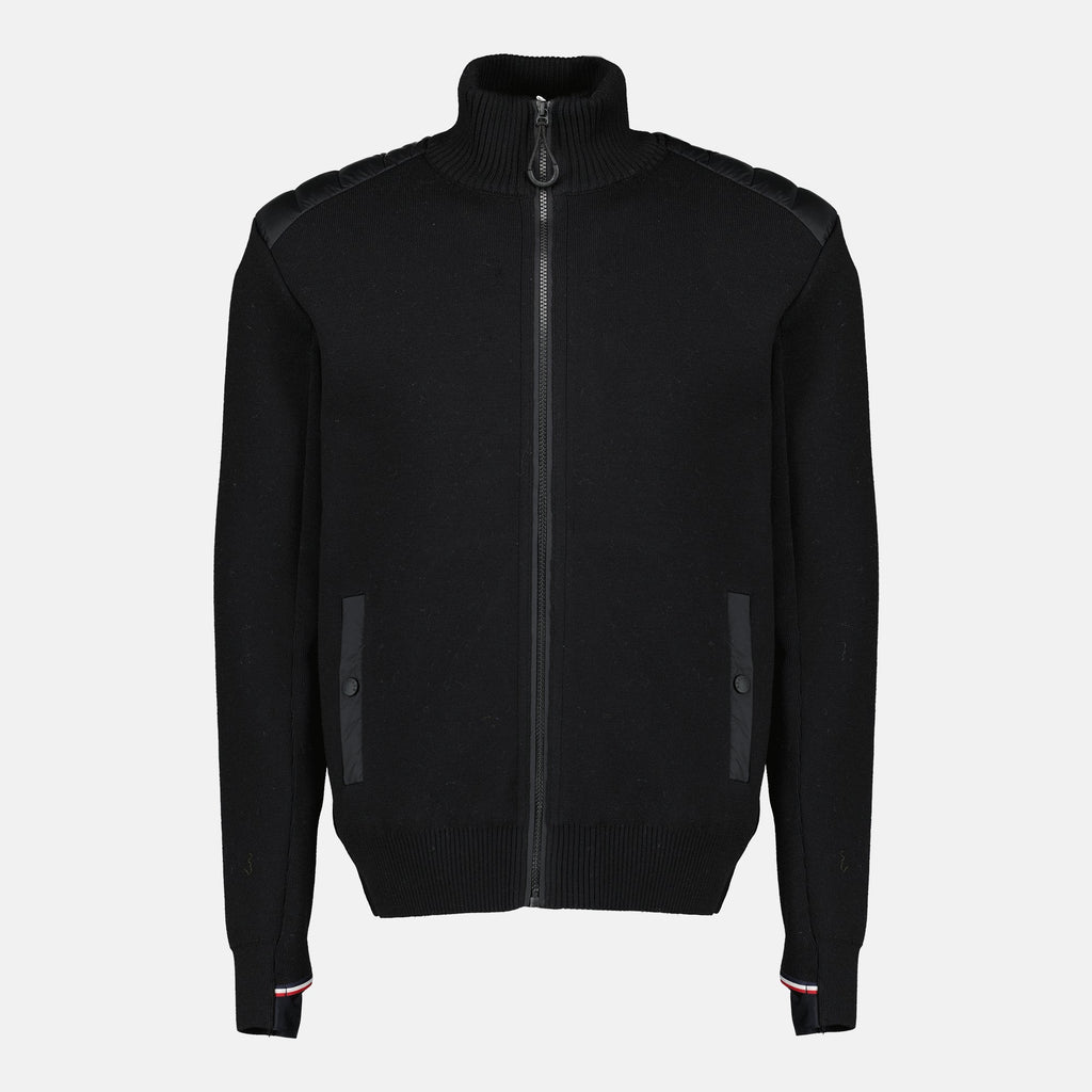 Black Quilted Zip-Up Cardigan in Wool