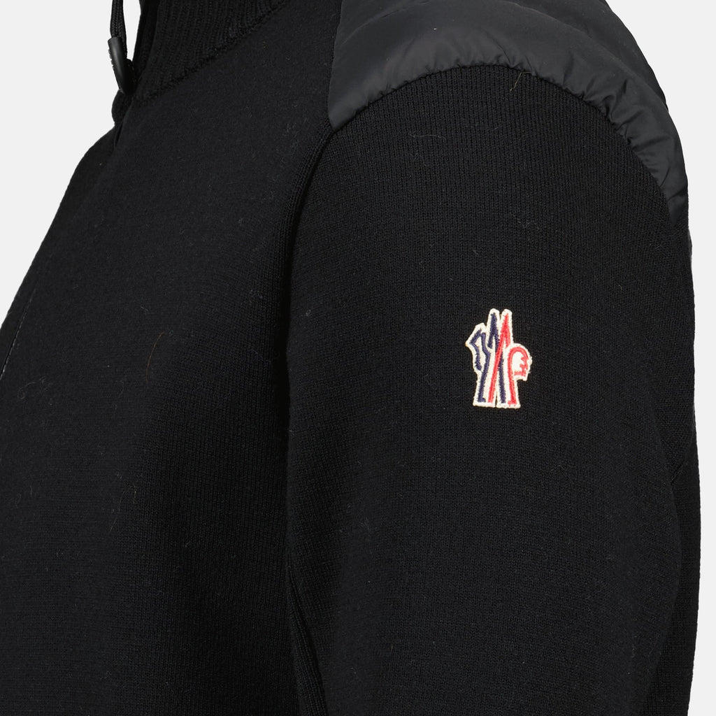 Black Quilted Zip-Up Cardigan in Wool