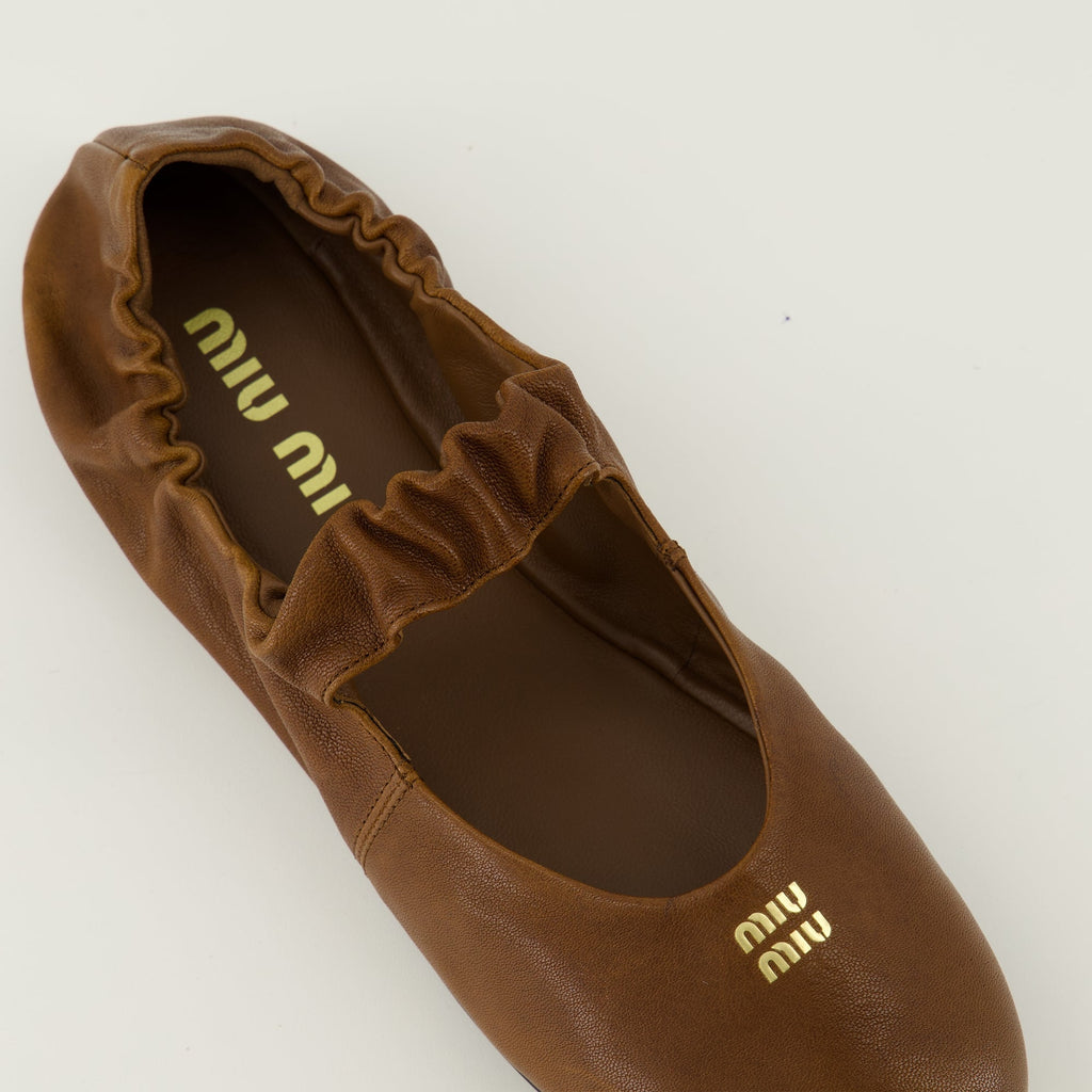 Brown Leather Ruched Ballerinas