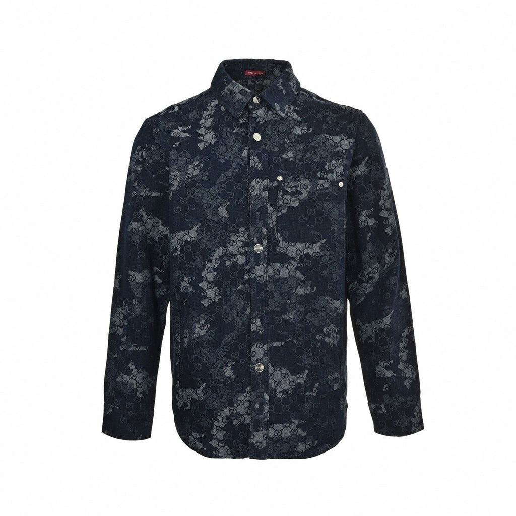 Camouflage Jacquard Denim Overshirt | Navy Blue