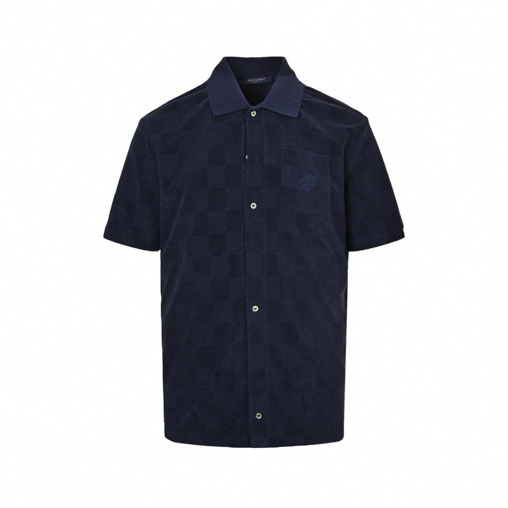 Damier Terry Cloth Button-Down Shirt | Navy Blue
