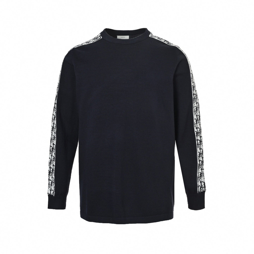 Oblique Sleeve Stripe Cotton Knit Crewneck