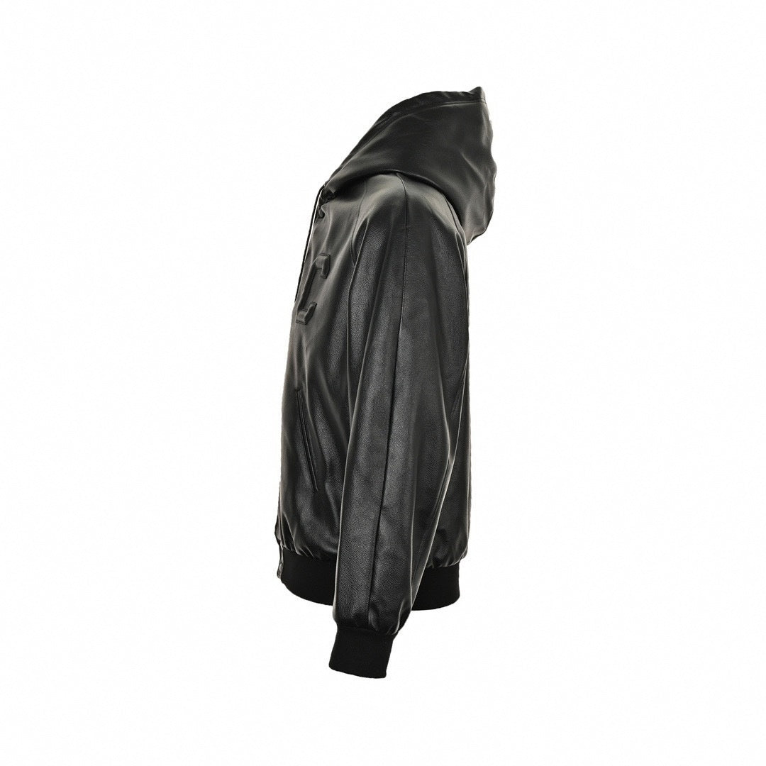 Tonal Leather Hooded Varsity Jacket | Black