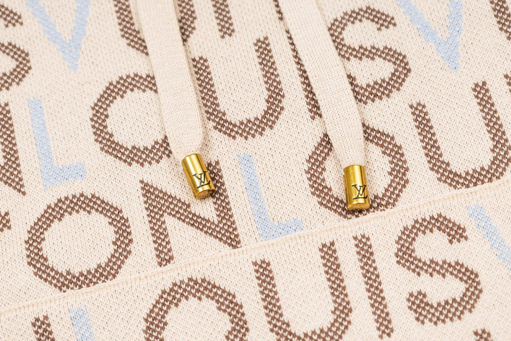 All-Over Logo Knit Hoodie | Cream & Brown