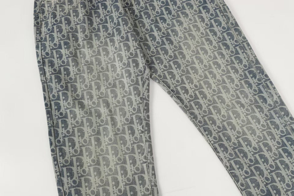 Oblique All-Over Print Faded Denim Jeans | Blue