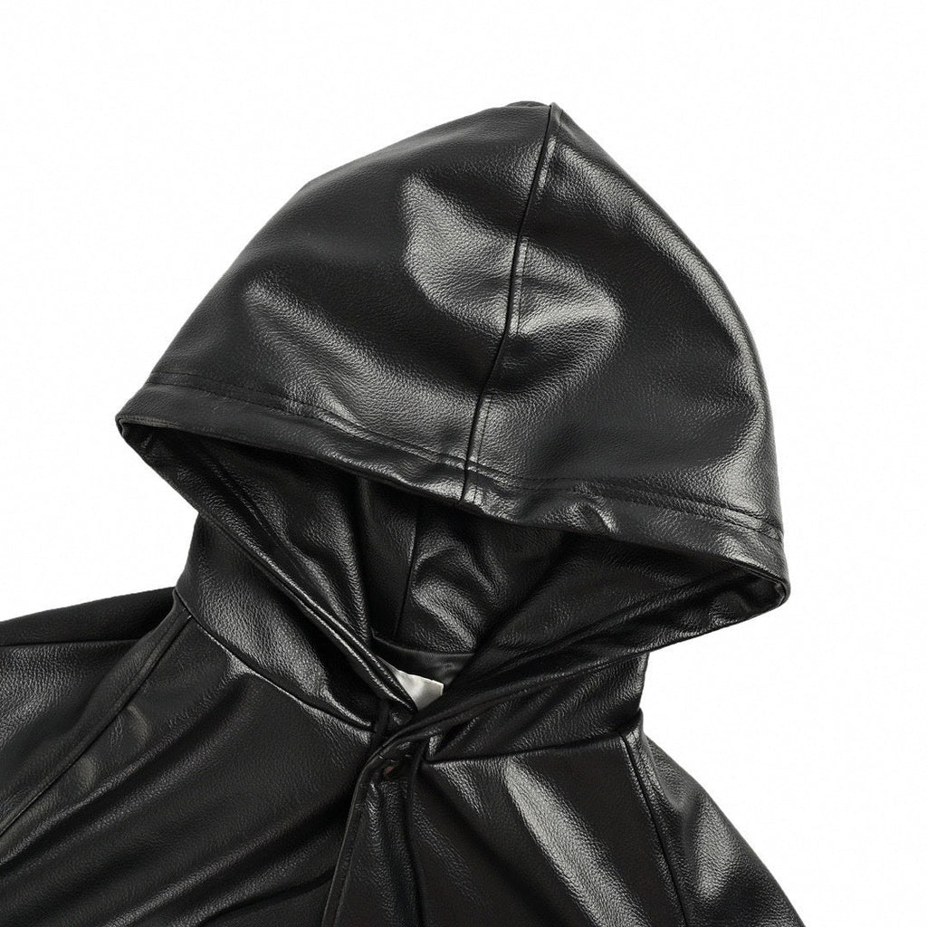 Tonal Leather Hooded Varsity Jacket | Black
