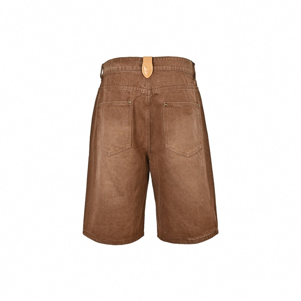 Washed Pleated Denim Shorts | Brown