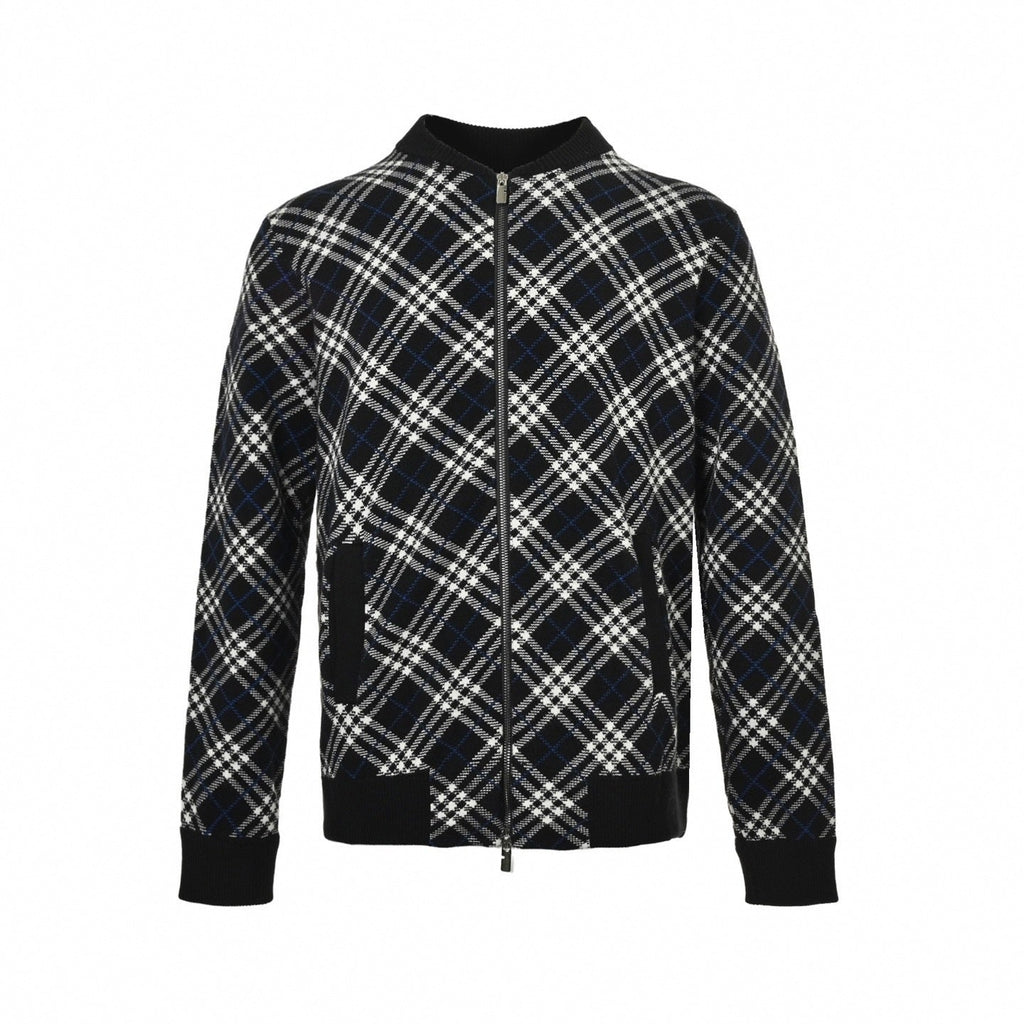 Diagonal Check Knit Zip-Up Jacket