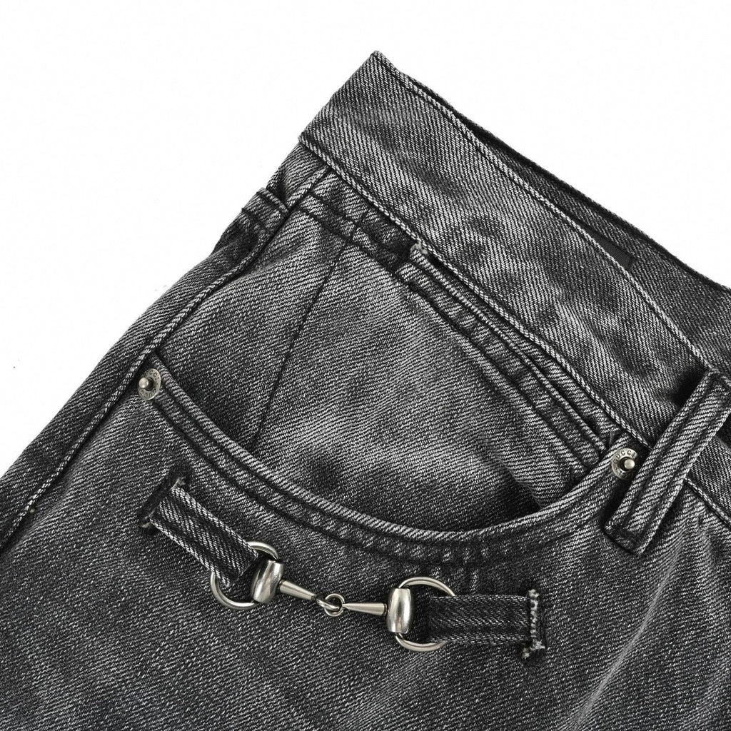 Horsebit Washed Denim Jeans