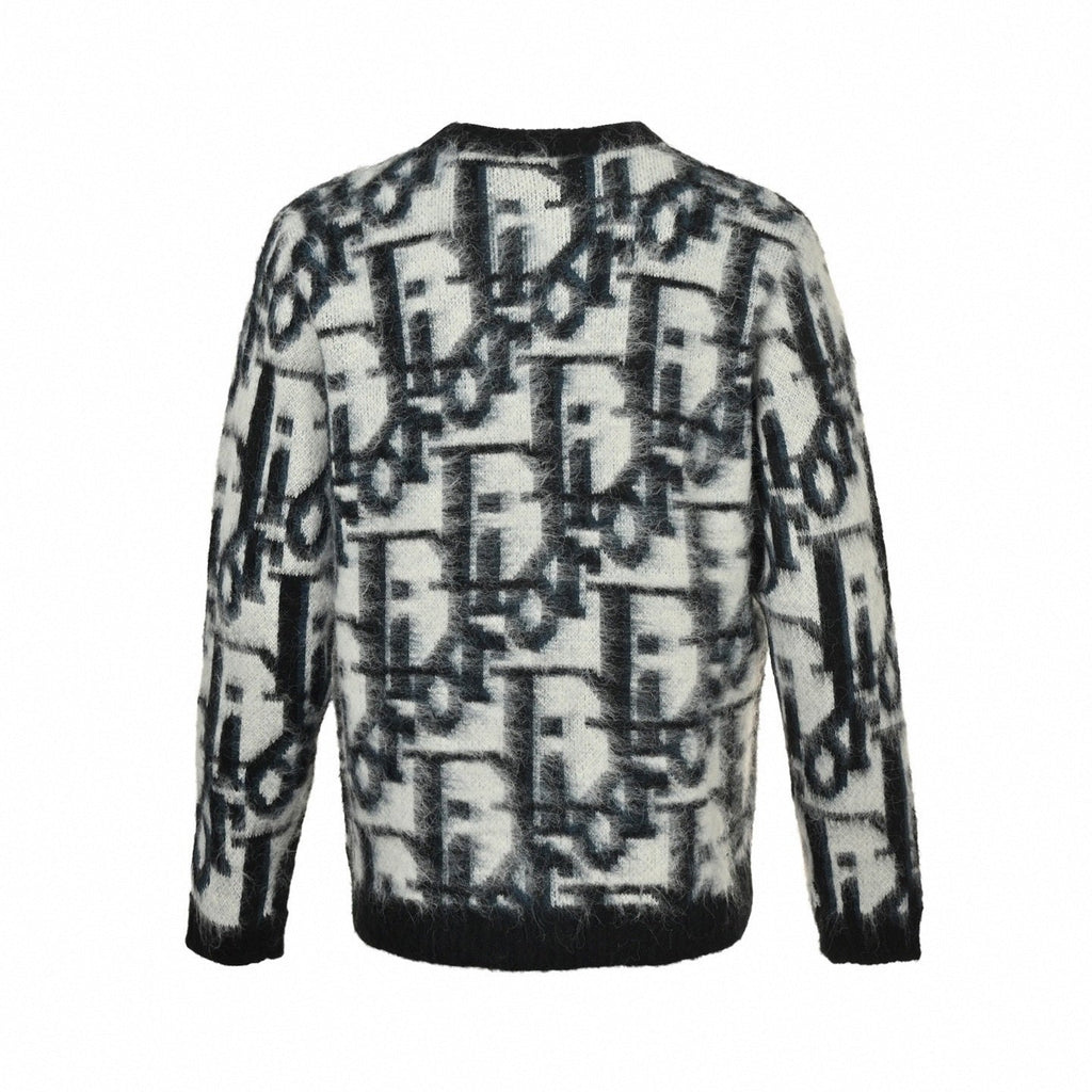 Oblique Brushed Wool Jacquard Cardigan | Black & White