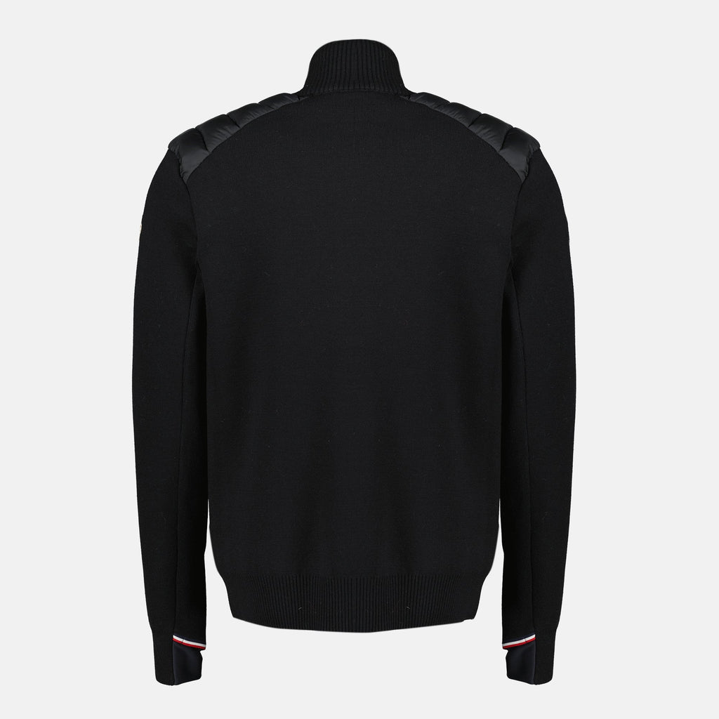 Black Quilted Zip-Up Cardigan in Wool