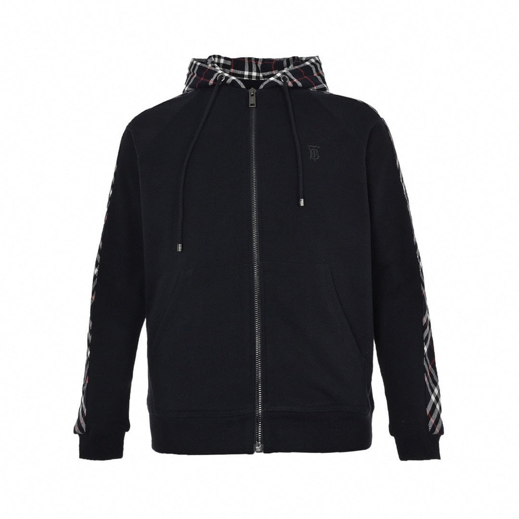 TB Monogram Zip-Up Checked Trim Hoodie | Navy
