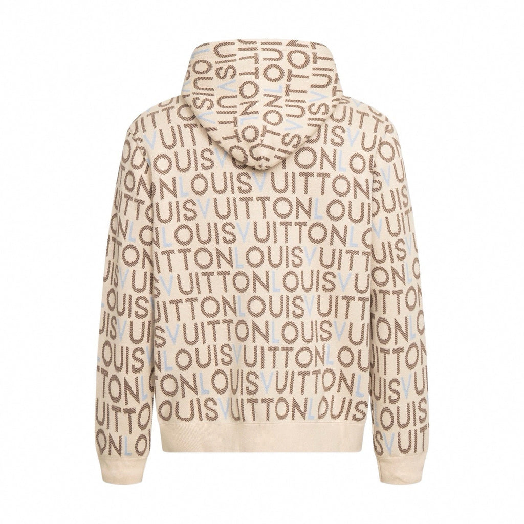 All-Over Logo Knit Hoodie | Cream & Brown